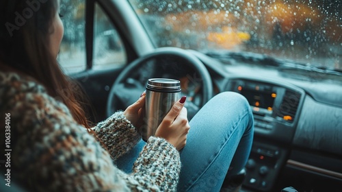 Woman in Car with a Cup of Coffee on a Rainy Day