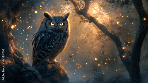 Majestic Owl with Shining Eyes in a Dreamy Landscape