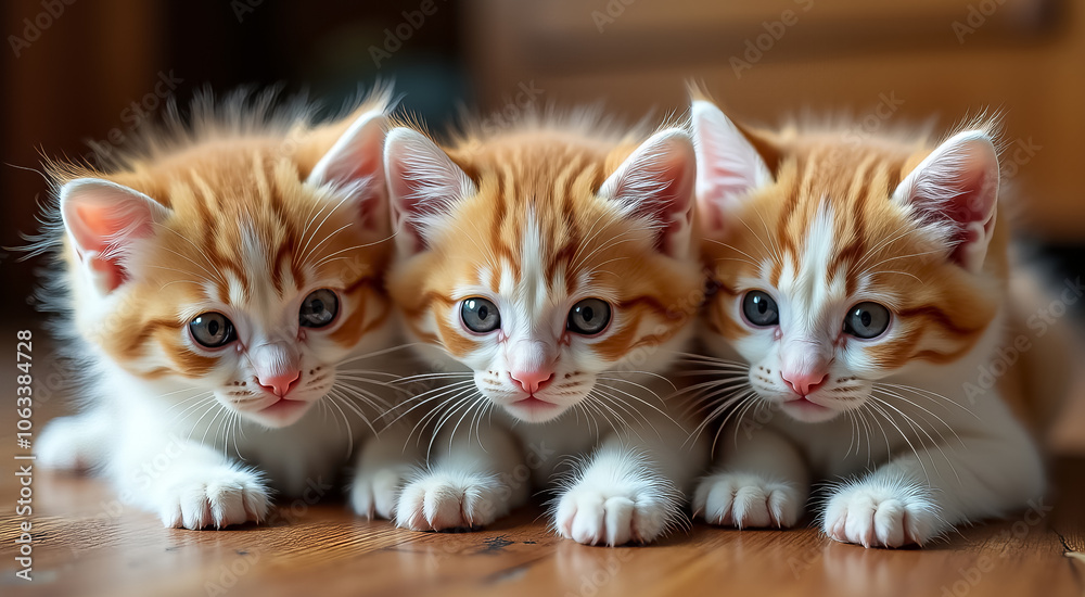 Three kittens are laying on a wooden floor, with one of them being orange Three kittens are laying on a wooden floor, with one of them being orange