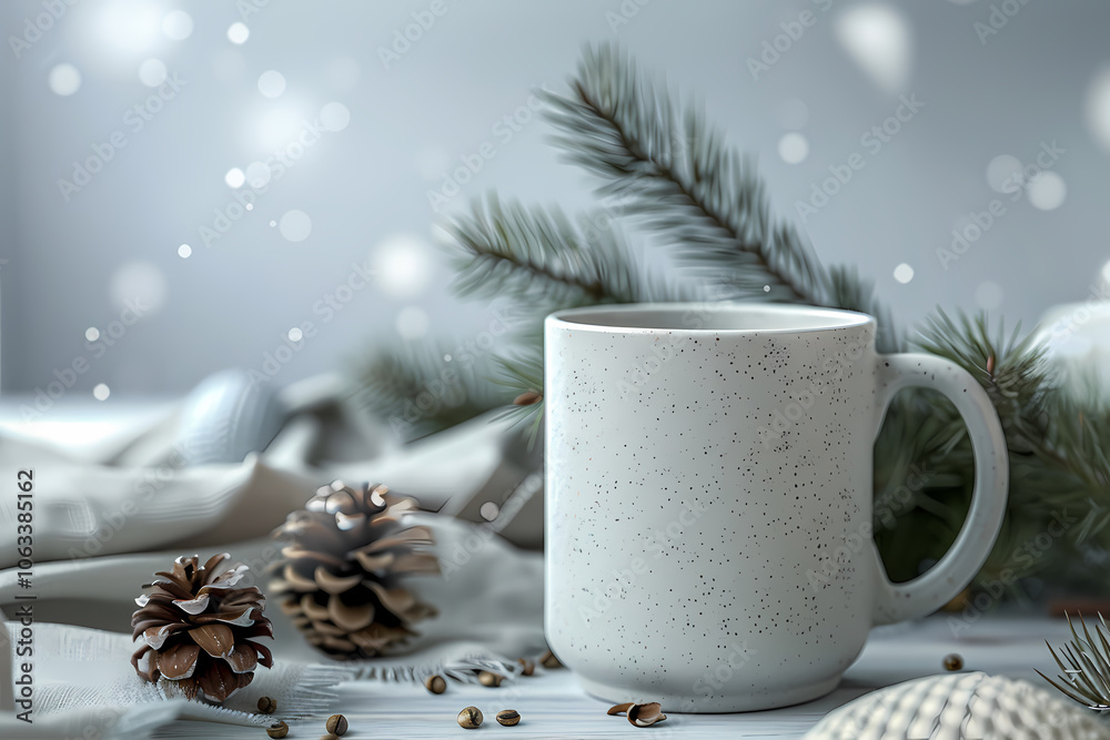 A cozy scene featuring a white speckled mug surrounded by pine cones and greenery, evoking a warm winter atmosphere. A cozy scene featuring a white speckled mug surrounded by pine cones and greenery, evoking a warm winter atmosphere.