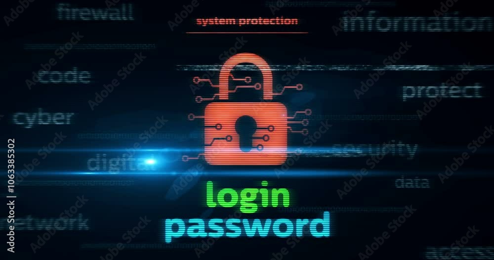 Cyber security with padlock symbol technology loop concept. Abstract sign on glitch screens seamless and looped.