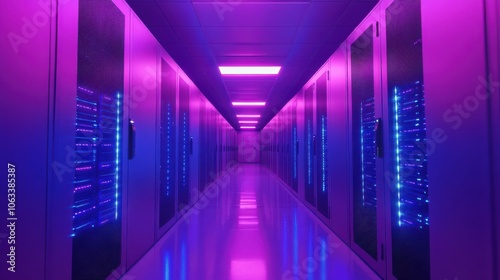 Futuristic Data Center Corridor with Blue and Purple LED Lights Reflecting on High-Speed Computing Servers for Cloud and Internet Services Concept