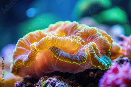 Fototapeta Naklejka Na Ścianę i Meble -  A detailed shot of vibrant orange and yellow coral