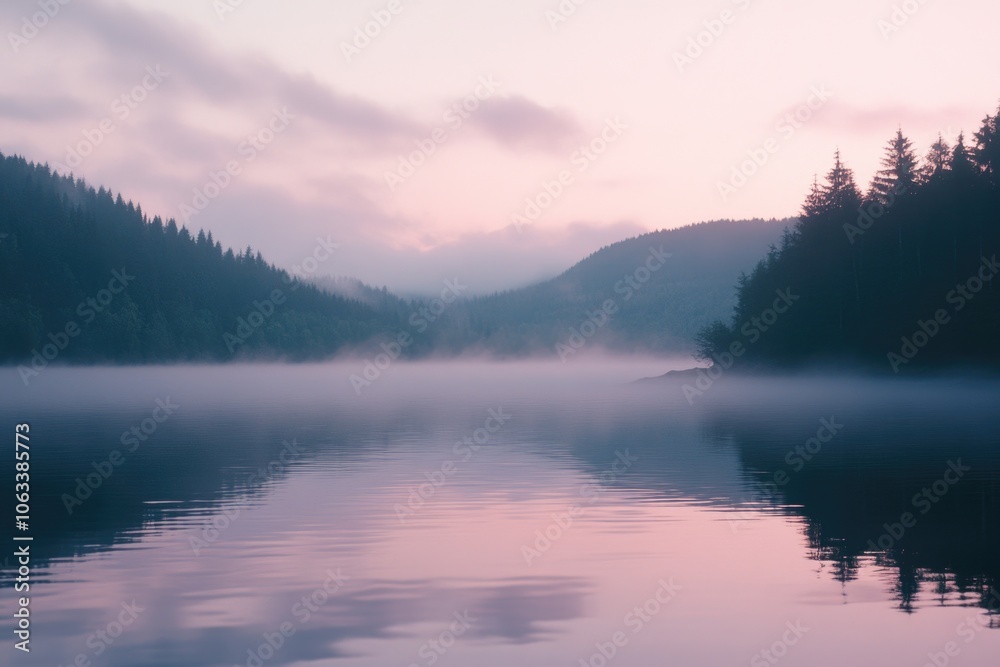 Fototapeta premium A serene lake scene with a small boat floating in the center, surrounded by lush greenery and possibly a pier or shore