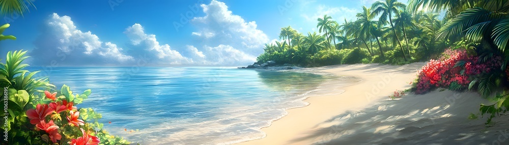Tropical Beach with Palm Trees and Flowers Tropical Beach with Palm Trees and Flowers
