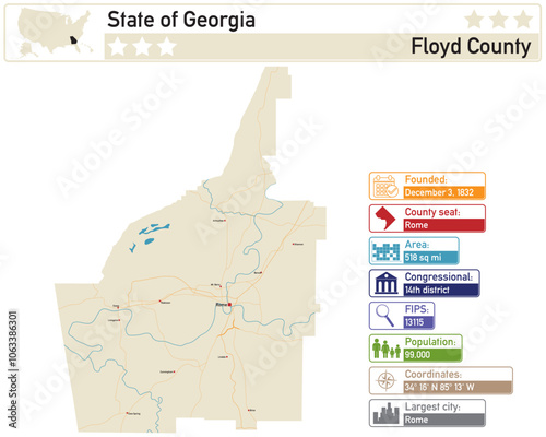 Detailed infographic and map of Floyd County in Georgia USA.