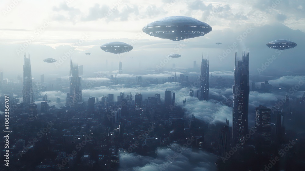 UFO Armada over downtown. giant alien spaceships over the city. UFO invasion over the city of the planet Earth. Extraterrestrial civilizations, Extraterrestrial Intelligence.