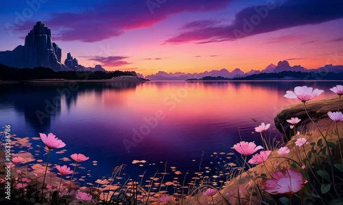 Sunset casting glow over tranquil lake wildflowers video lofi animation. Lakeshore flora peaceful dusk animated cartoon lo-fi HD clip motion graphics 2D. Serene waters concept photo