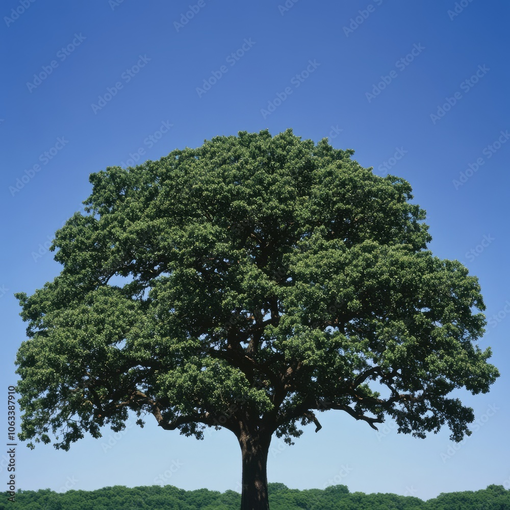 Obraz premium A large green tree stands against a clear blue sky, symbolizing nature's beauty.