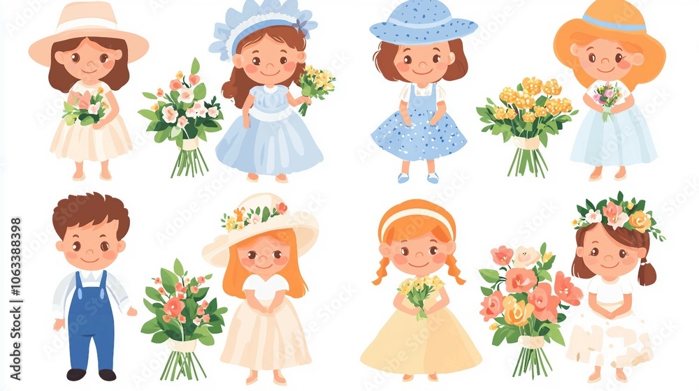 Happy Children Holding Flower Bouquets in Iconic Styles Happy Children Holding Flower Bouquets in Iconic Styles