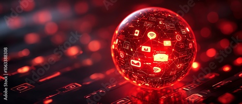 A captivating scene of a red linked sphere filled with glowing social media icons and messages, symbolizing the vibrant world of social networking technologies and user engagement photo