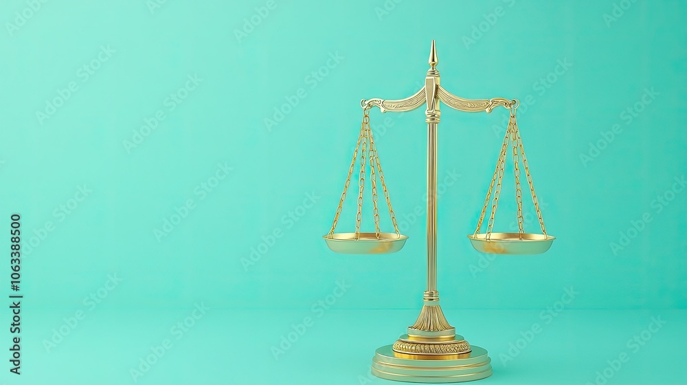 Classic gold scales of justice, perfectly balanced, on a gradient teal background, reflecting balance and equity. Classic gold scales of justice, perfectly balanced, on a gradient teal background, reflecting balance and equity.