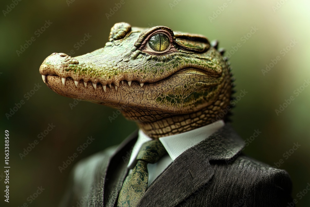 A statue of a crocodile dressed in a suit and tie, suitable for financial or corporate themes A statue of a crocodile dressed in a suit and tie, suitable for financial or corporate themes