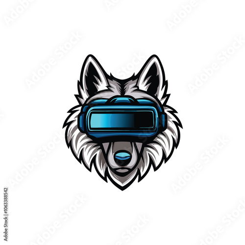 A realistic wolf head wearing a VR headset, eyes glowing with digital light, symbolizing the immersive experience of virtual reality.