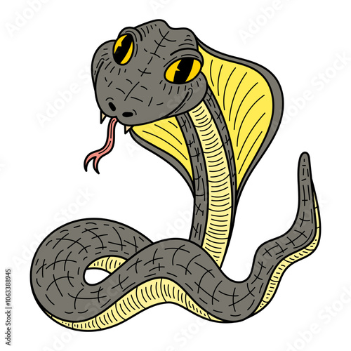 King cobra hand drawn flat. Cute snake. Dangerous animal with long wriggling body. Viper, python, anaconda, rattlesnake. Poisonous creature. Vector cartoon illustration.