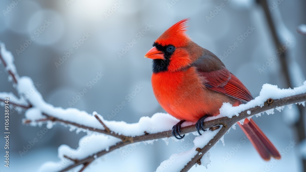 Cardinal bird winter close-up, sitting on a snowy branch in a calm, peaceful winter background Cardinal bird winter close-up, sitting on a snowy branch in a calm, peaceful winter background