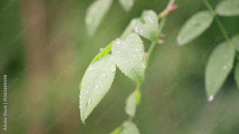Rose leaves hit by raindrops in bright sunlight forest setting with blurred background, cinematic natural camera movements Rose leaves hit by raindrops in bright sunlight forest setting with blurred background, cinematic natural camera movements