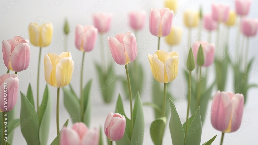 Soft Pink and Yellow Tulips in Blooming Field Soft Pink and Yellow Tulips in Blooming Field