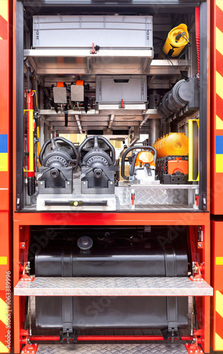 Detailed view, organized firefighting equipment in fire truck storage compartments, essential rescue gear, emergency response tools image, firefighting concept