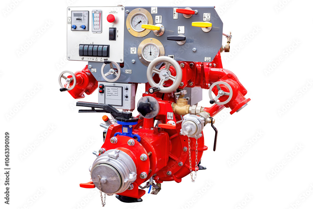 Industrial red fire pump equipment with control panel, gauges, and valves isolated on white background, firefighting technology concept