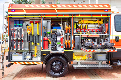 Firefighter equipment organized in compartments on a truck featuring tools, hoses, helmets for emergency response concept