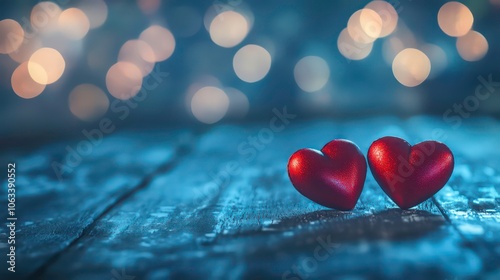 Two red heart-shaped decorations on a wooden surface with a blurred background of lights.