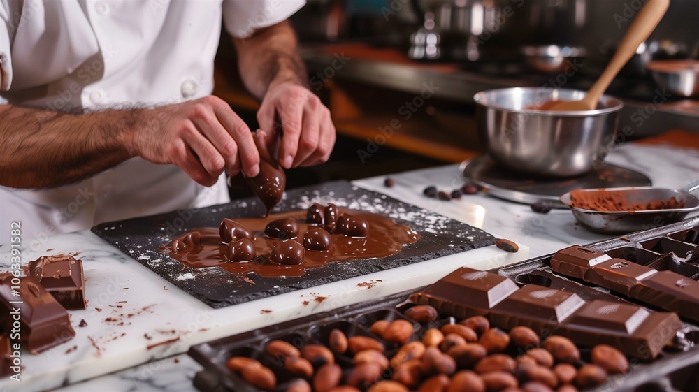 Meticulous chocolatier crafting and tempering fine chocolate in a professional kitchen
Meticulous chocolatier crafting and tempering fine chocolate in a professional kitchen