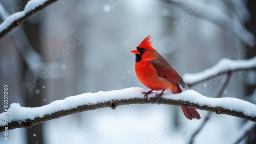 Close-up of a red cardinal in winter, sitting on a snowy branch in a tranquil background