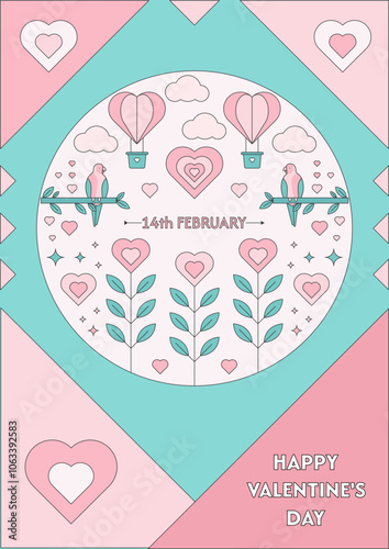 Valentine's Day background design with birds, hearts, stars, clouds, and leaves. Vector illustration.