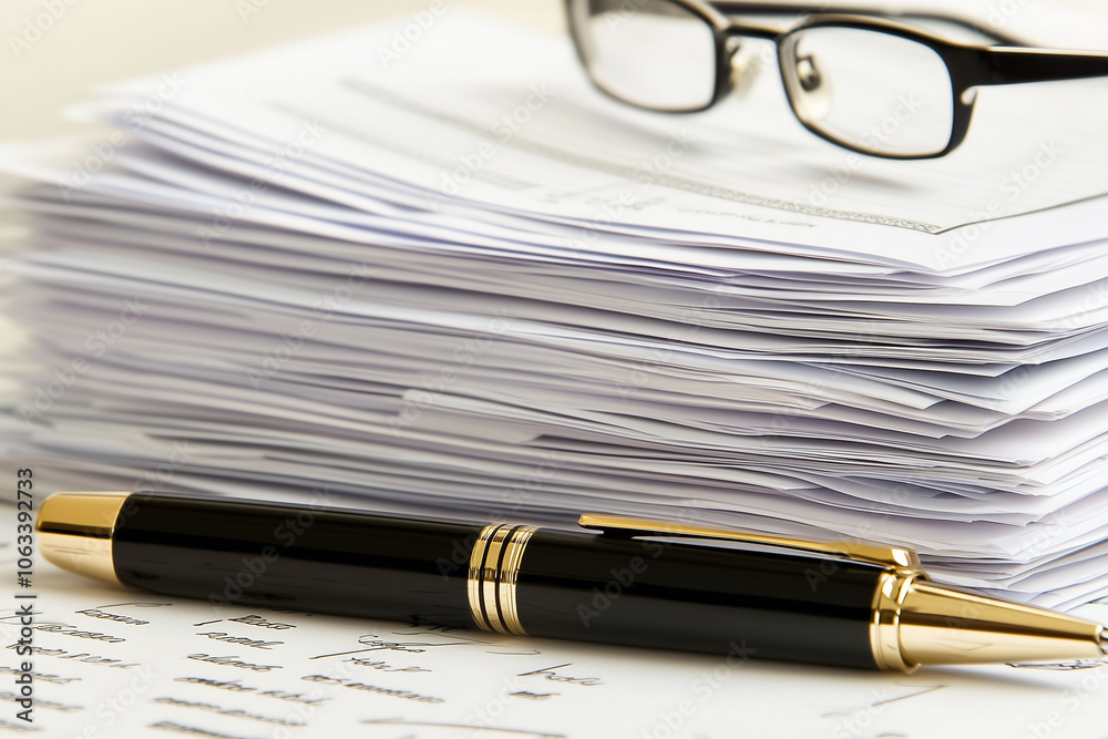 A stack of neatly arranged business documents sits alongside a pen and glasses, ready for review and note-taking A stack of neatly arranged business documents sits alongside a pen and glasses, ready for review and note-taking