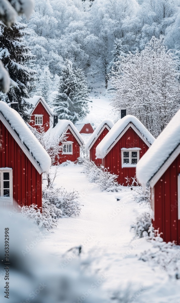 Naklejka premium close up of red wooden houses in a snowy winter village. ai generated