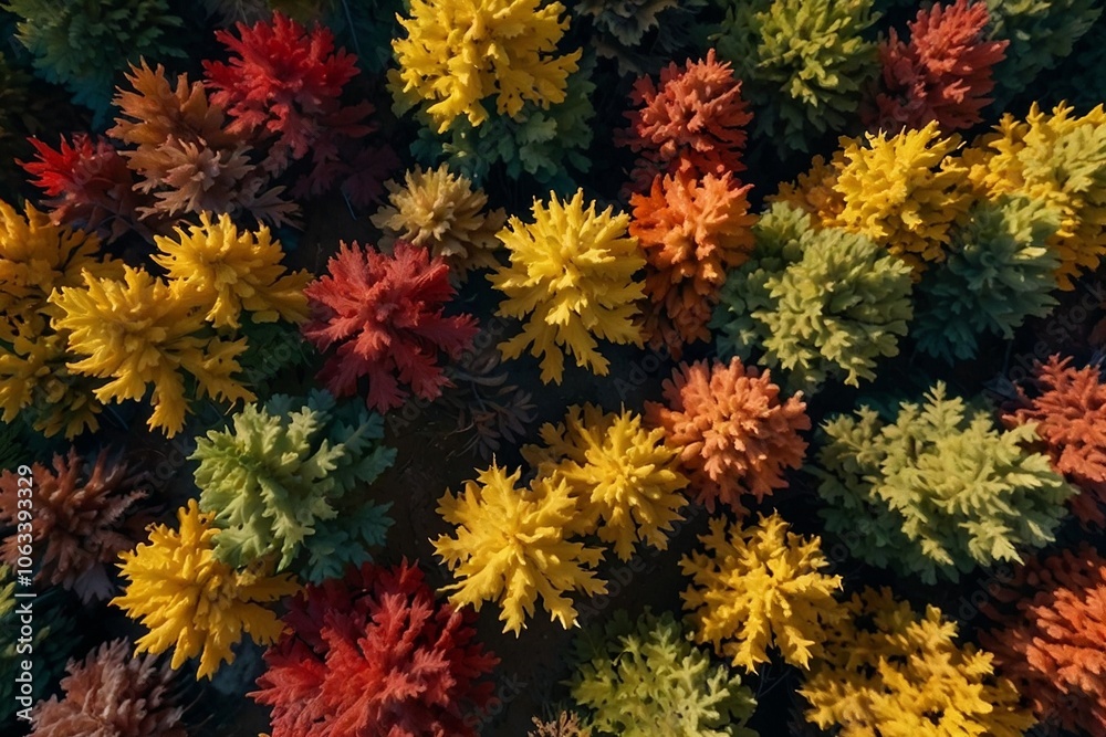 Aerial view of vibrant autumn forest with deep reds, bright oranges, and golden yellows Aerial view of vibrant autumn forest with deep reds, bright oranges, and golden yellows