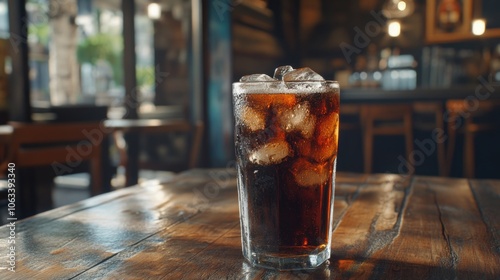 A tall glass of soda sitting on a wooden table, perfect for a casual gathering or office snack