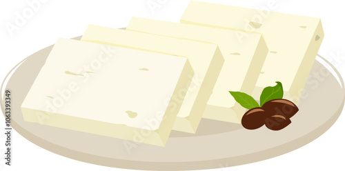 Slices of feta cheese on a dish with green basil or oregano leaves and black olives. Feta cheese, sliced white Greek cheese. Dairy appetizer dish from Greece, sliced in pieces. Vector illustration