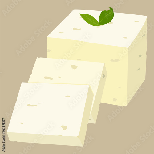 Feta cheese. Sliced white Greek cheese with green leaf on top, pieces cut out of block of feta cheese. Dairy product from Greece. Vector illustration