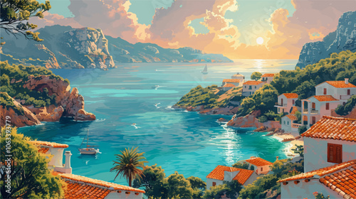Breathtaking Mediterranean bay at sunset with turquoise waters, white houses with terracotta roofs, and lush greenery. Boats drift on the water
