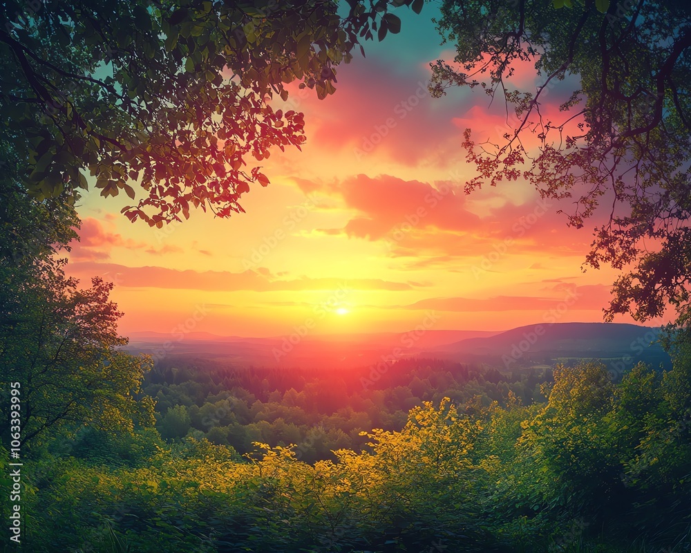 A vibrant sunset over a dense green forest, where the colors of the sky reflect off the leaves, capturing the essence of a peaceful natural environment A vibrant sunset over a dense green forest, where the colors of the sky reflect off the leaves, capturing the essence of a peaceful natural environment