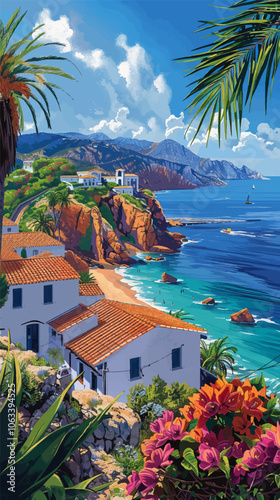 Picturesque Mediterranean coastal view with white houses and terracotta roofs overlooking a turquoise sea and sandy beach. Surrounded by lush greenery, palm trees, and vibrant flowers