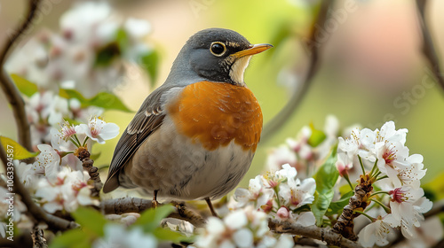 A close-up of a bird nested within a natural frame created by the branches of a flowering cherry tree in full bloom,