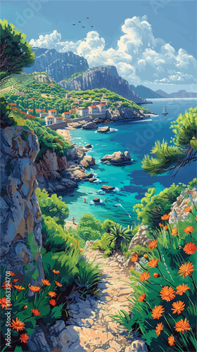 Vibrant Mediterranean coastal path leading to a turquoise bay surrounded by rocky cliffs and lush greenery. Bright orange wildflowers add color to this serene, picturesque seaside landscape