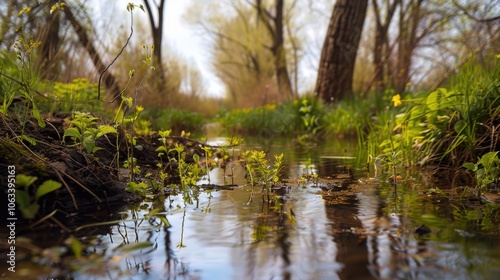 A serene and peaceful scene of a stream flowing through a lush green forest