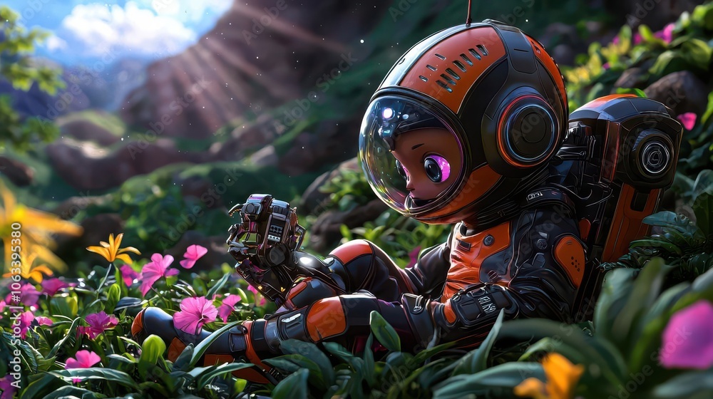An astronaut explores a vibrant alien landscape filled with colorful flowers, capturing the beauty of nature in a surreal world. An astronaut explores a vibrant alien landscape filled with colorful flowers, capturing the beauty of nature in a surreal world.