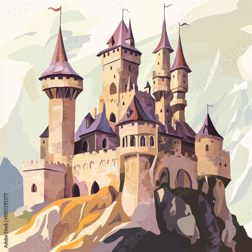 Majestic medieval castle with tall, pointed towers and flag-topped turrets, perched on a rocky cliff. The fairytale architecture exudes fantasy and grandeur, perfect for mythical or storybook themes