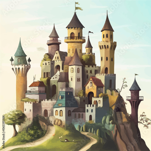 Whimsical medieval castle with multiple towers and varied architectural styles, perched on a hill. The structure has a fairytale look, blending fantasy and charm, ideal for storybook or fantasy themes