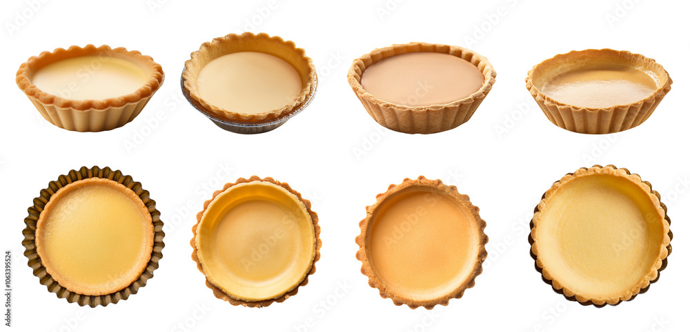 Assorted empty pastry shells in various shapes and sizes, white isolate background. Assorted empty pastry shells in various shapes and sizes, white isolate background.