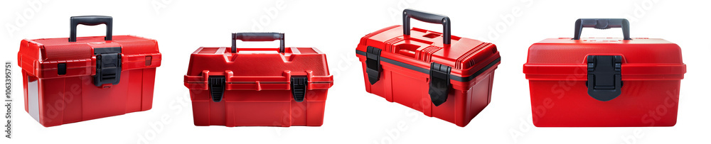 Four red toolboxes with various designs on a white isolated background. Four red toolboxes with various designs on a white isolated background.
