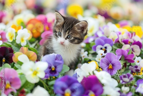 A small kitten sitting among a bed of colorful flowers