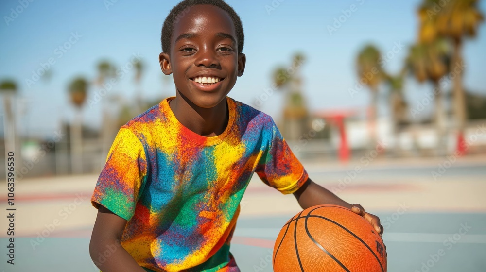 Joyful Young Boy Playing Basketball Outdoors in Vibrant TieDye Shirt on Sunny Day Joyful Young Boy Playing Basketball Outdoors in Vibrant TieDye Shirt on Sunny Day