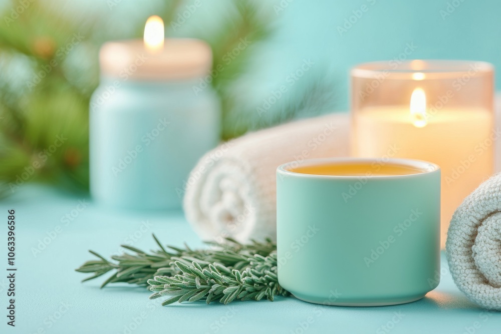 Tranquil spa setup with candles, towels, and greenery on a soft turquoise background. Tranquil spa setup with candles, towels, and greenery on a soft turquoise background.
