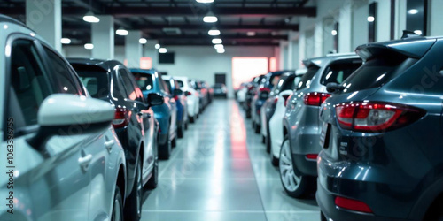 A large indoor car dealership showroom with rows of various new cars on display